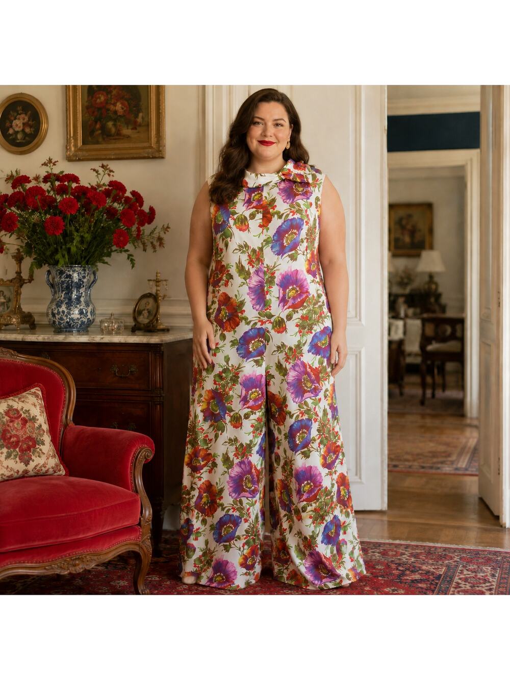 70s Floral Palazzo, Poppy Wide Leg Jumpsuit, Bold Mod Boho Flower Power - XXL